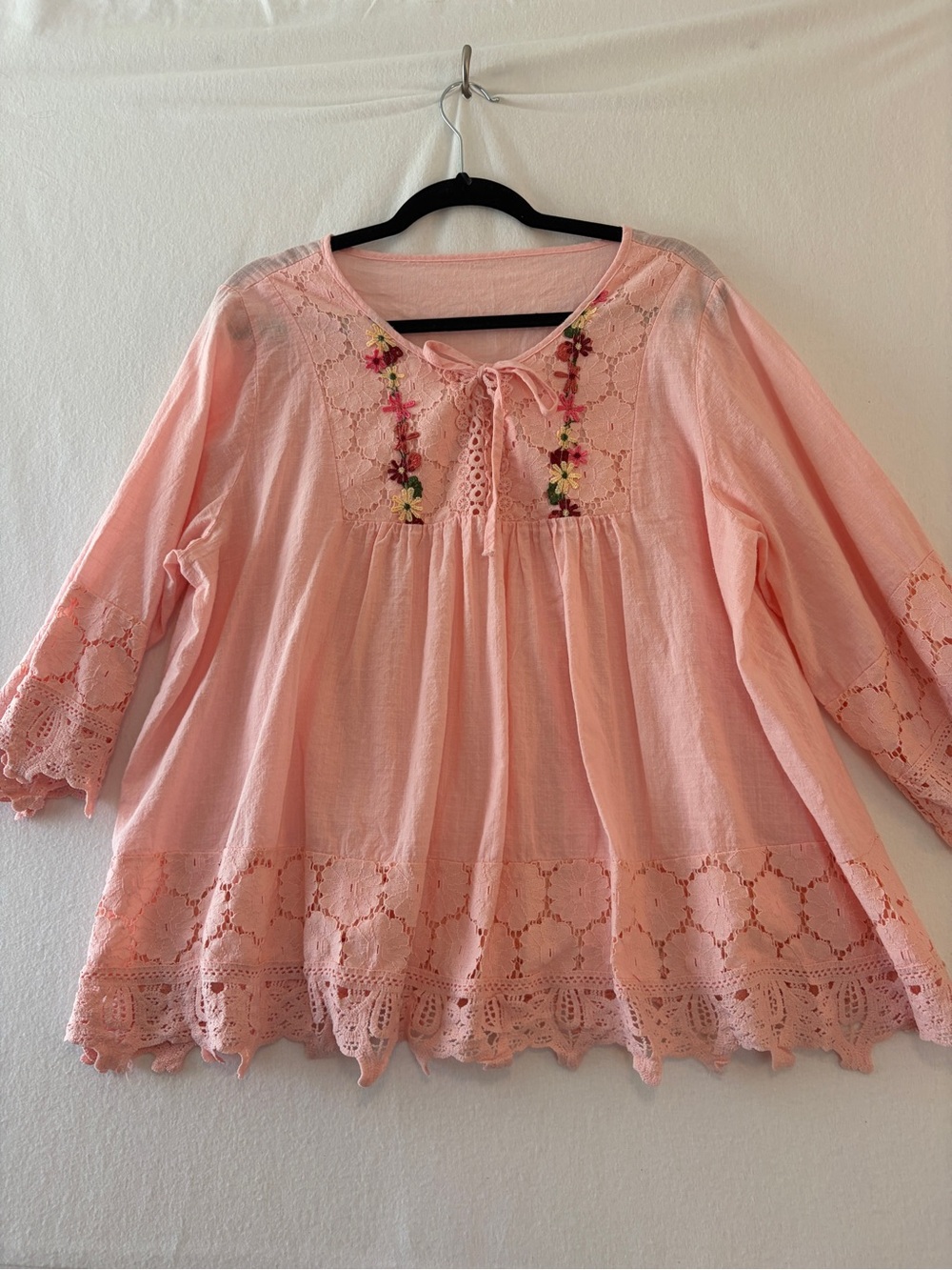 Boho Lace-Paneled Pink Peasant Top